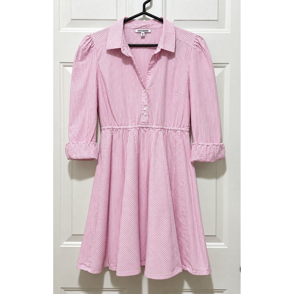 Steve Madden Pink White Striped Shirt Dress Womens M Cotton Mini Elastic Waist
